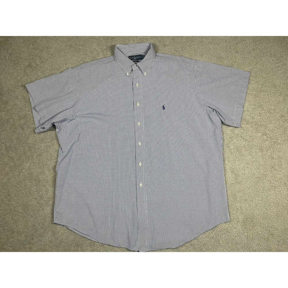 Ralph Lauren Yarmouth Mens 17.5 Blue Gingham Short Sleeve Button Down Shirt